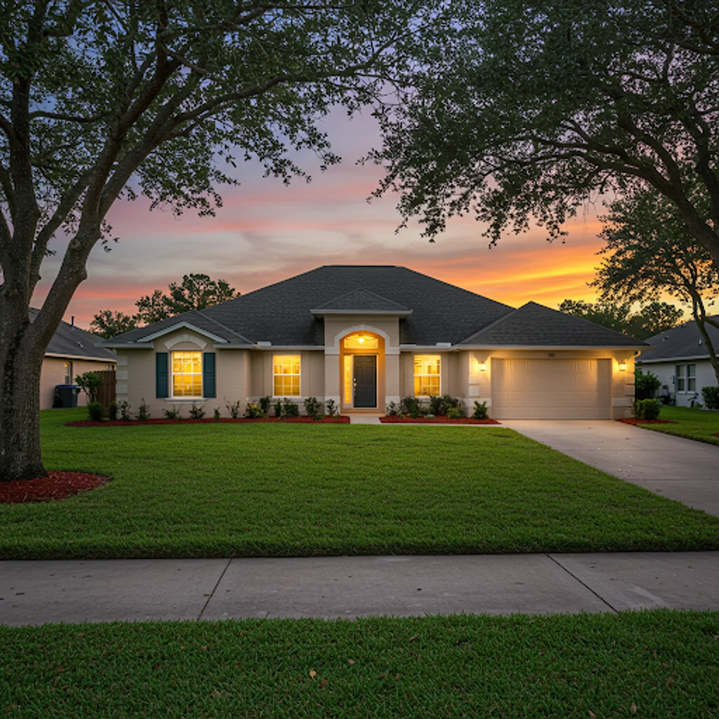 A managed single-family rental home in Florida at dusk