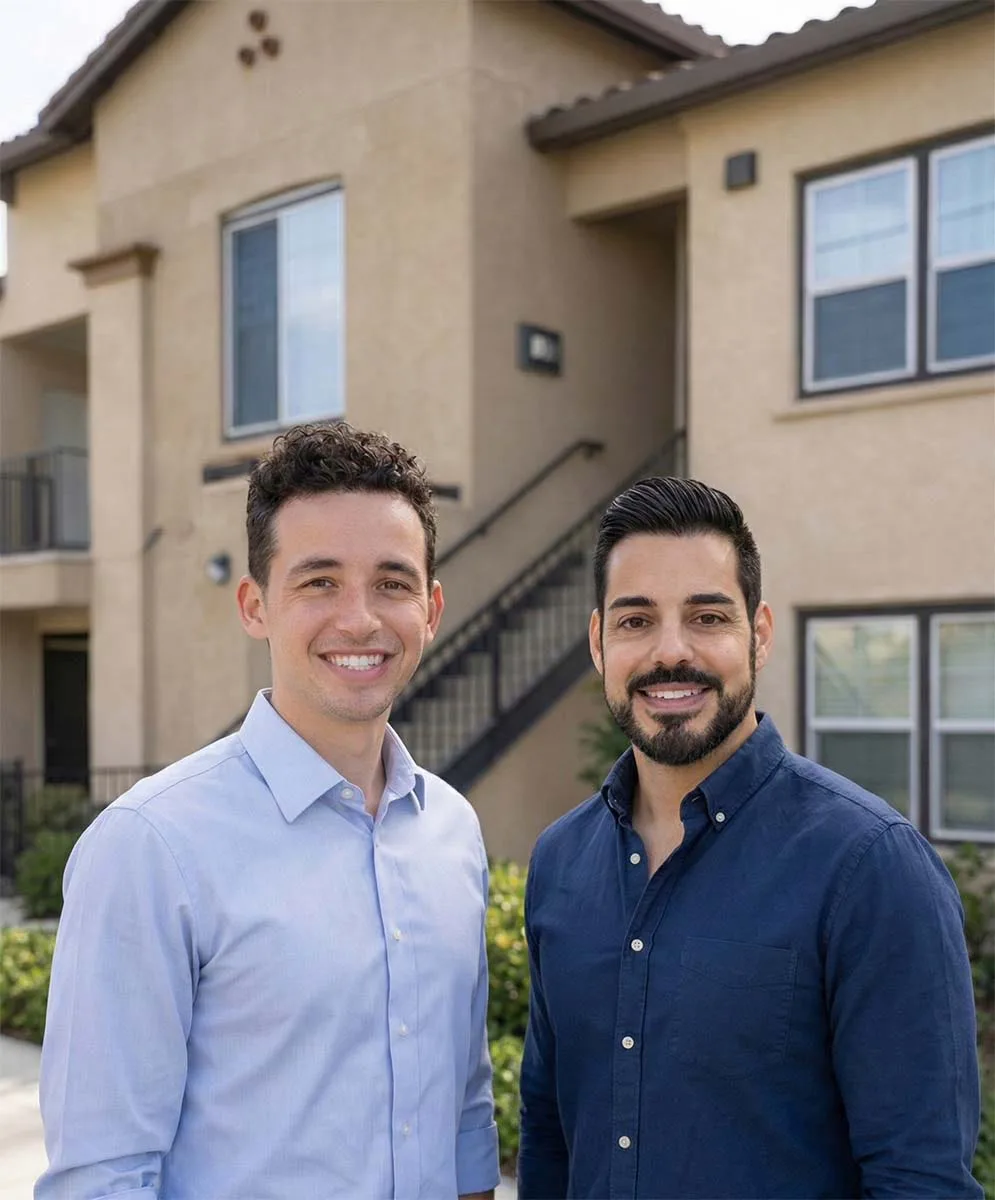 Sean Rodriguez and Danny Ramirez, co-owners of Swift Realty Management, in front of a rental property